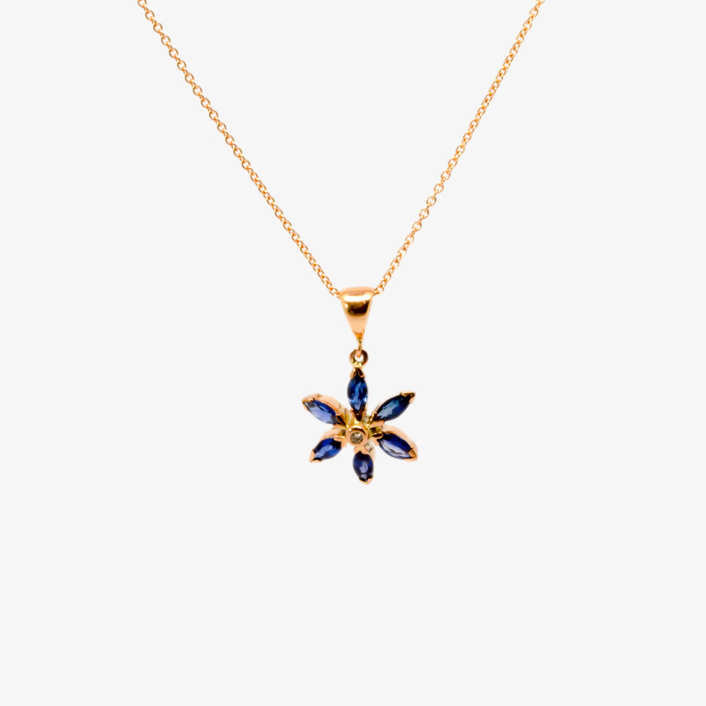 Jordans Jewellers 9ct rose gold sapphire and diamond petal pendant necklace 