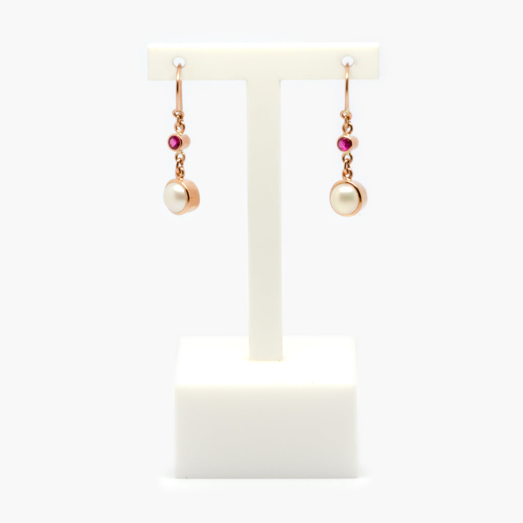 Jordans Jewellers 9ct rose gold pearl and ruby earrings