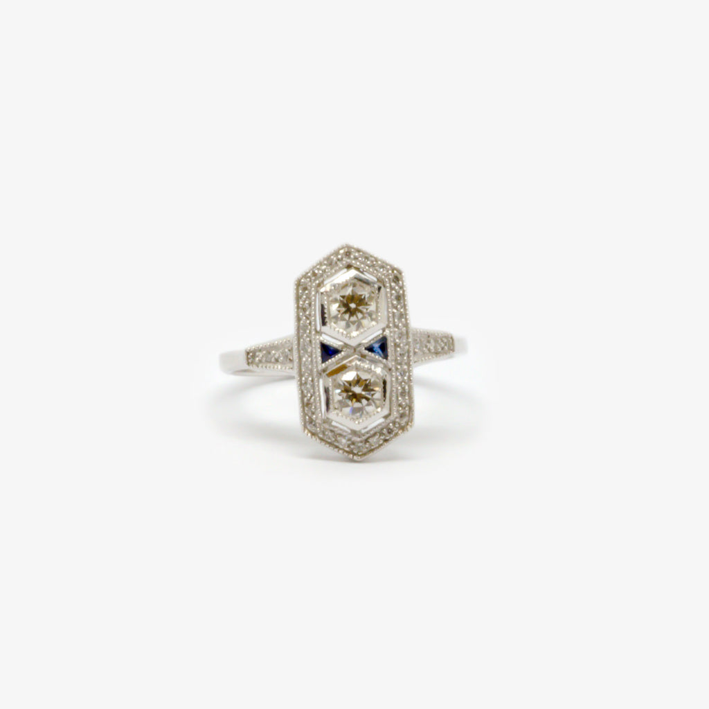 Jordans Jewellers 18ct white gold Art Deco style sapphire and diamond hexagon cluster ring