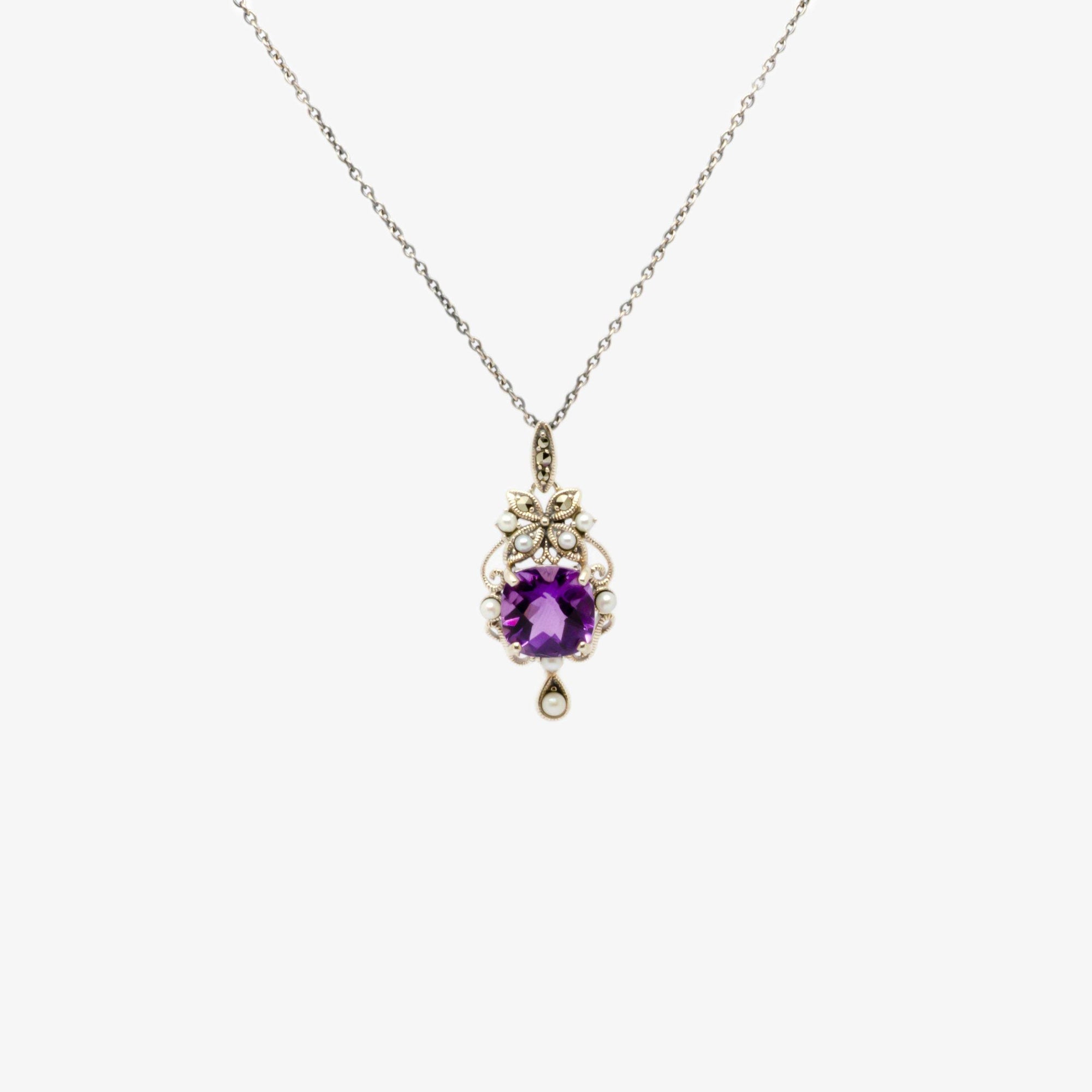 Marcasite Amethyst & Pearl Pendant Necklace - Jordans Jewellers