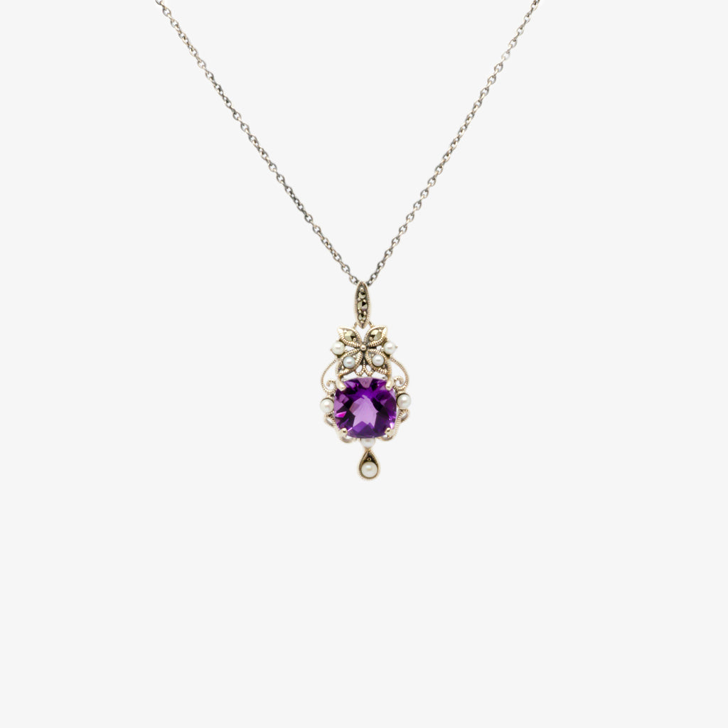Jordans Jewellers silver marcasite amethyst and pearl pendant necklace