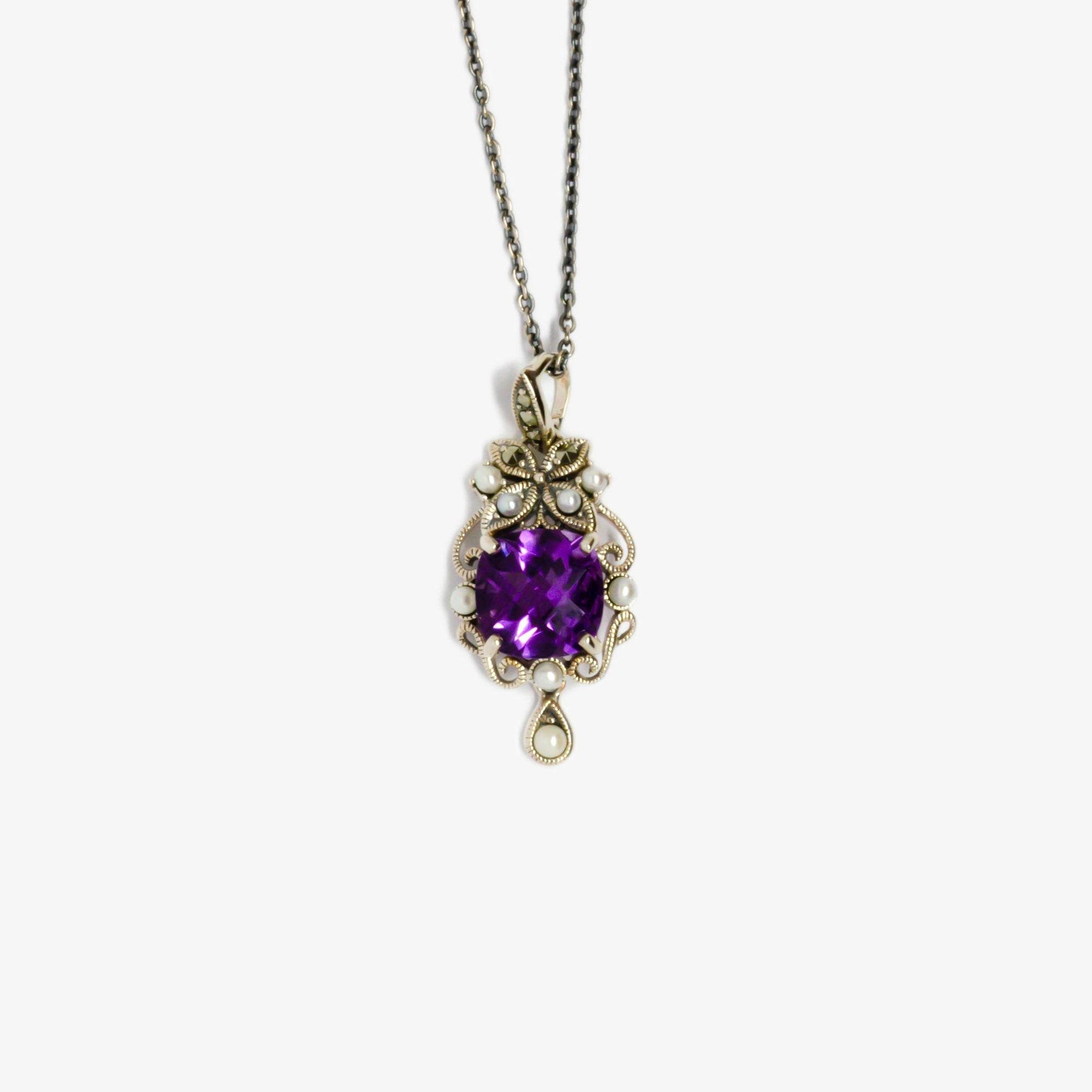 Marcasite Amethyst & Pearl Pendant Necklace - Jordans Jewellers