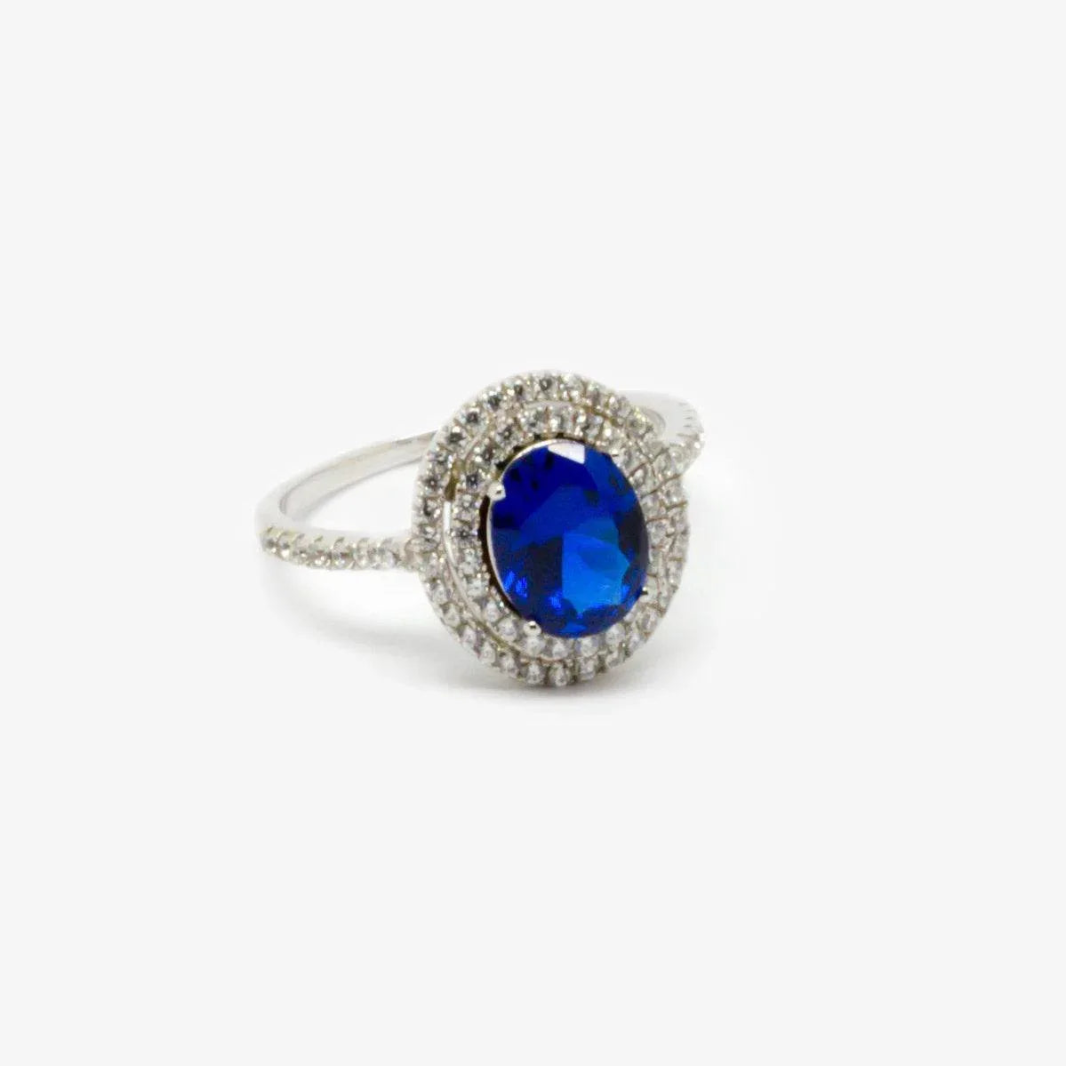 Double Halo Blue Crystal Oval Ring - Jordans Jewellers