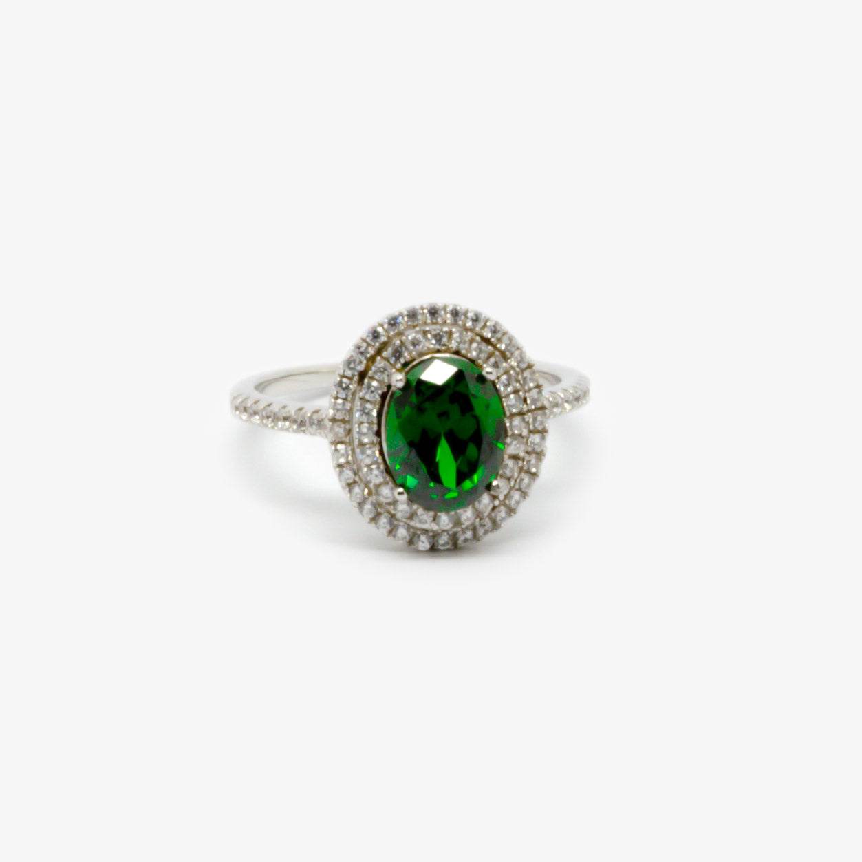 Double Halo Cubic Zirconia Green Oval Ring - Jordans Jewellers