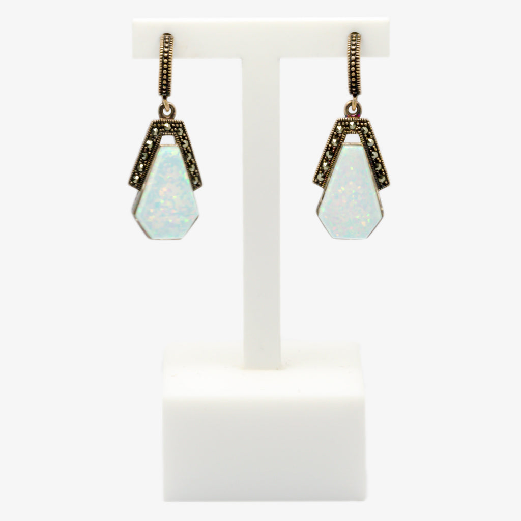 Jordans Jewellers silver marcasite opal drop earrings