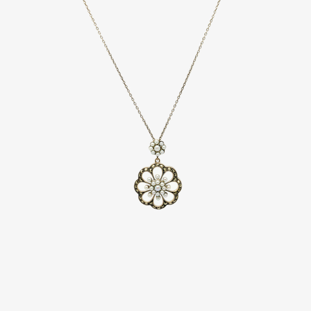 Jordans Jewellers silver marcasite flower pearl pendant necklace