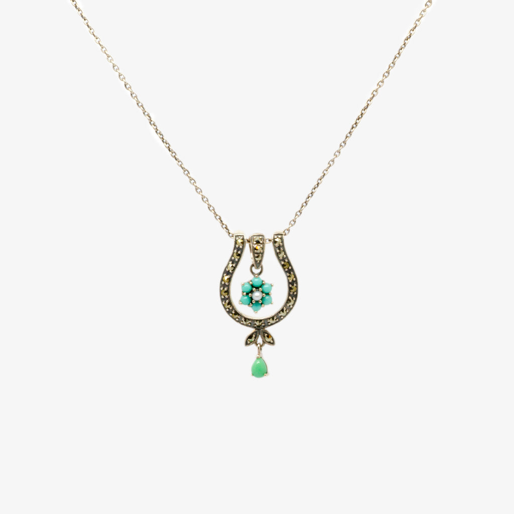 Jordans Jewellers silver turquoise and pearl horseshoe pendant necklace