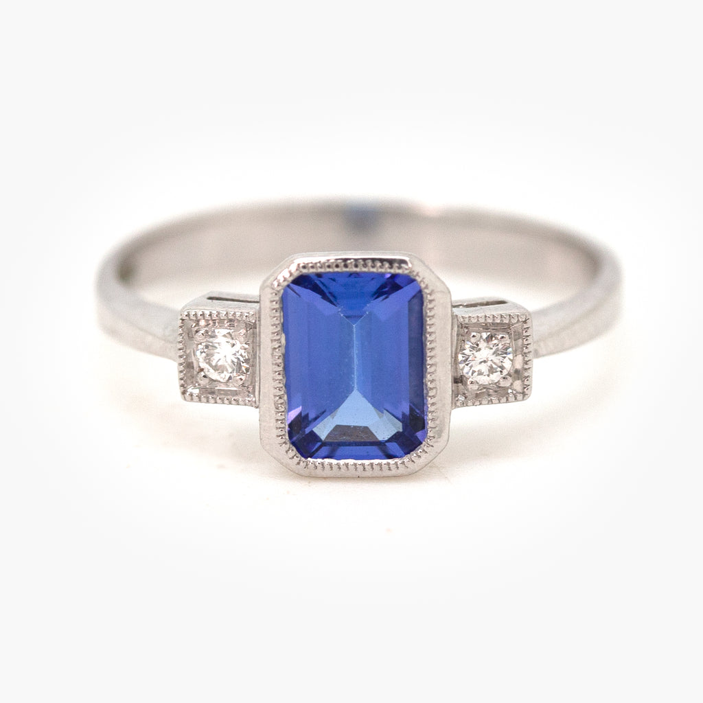 Octagon Tanzanite & Diamond Three Stone Ring